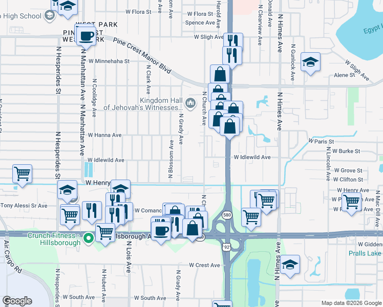 map of restaurants, bars, coffee shops, grocery stores, and more near 5820 North Church Avenue in Tampa