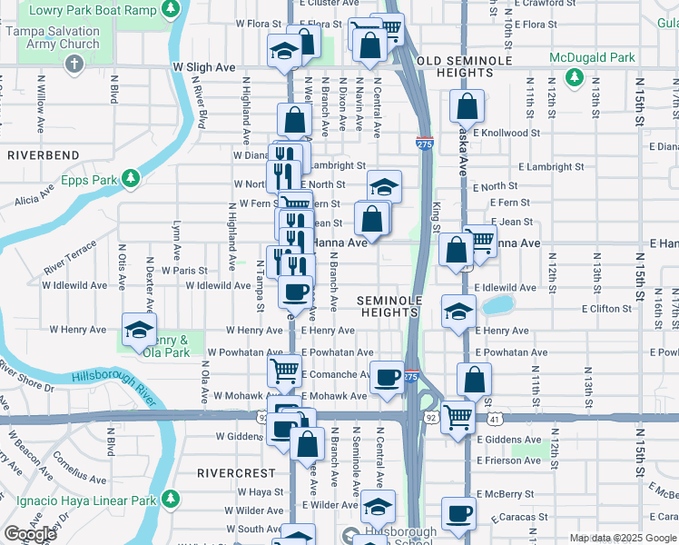 map of restaurants, bars, coffee shops, grocery stores, and more near 310 East Idlewild Avenue in Tampa