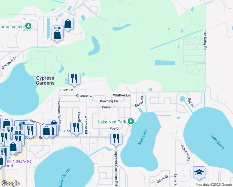 map of restaurants, bars, coffee shops, grocery stores, and more near 134 Whittier Lane in Winter Haven