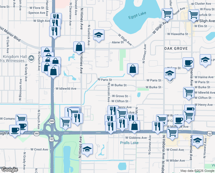 map of restaurants, bars, coffee shops, grocery stores, and more near 3302 West Burke Street in Tampa