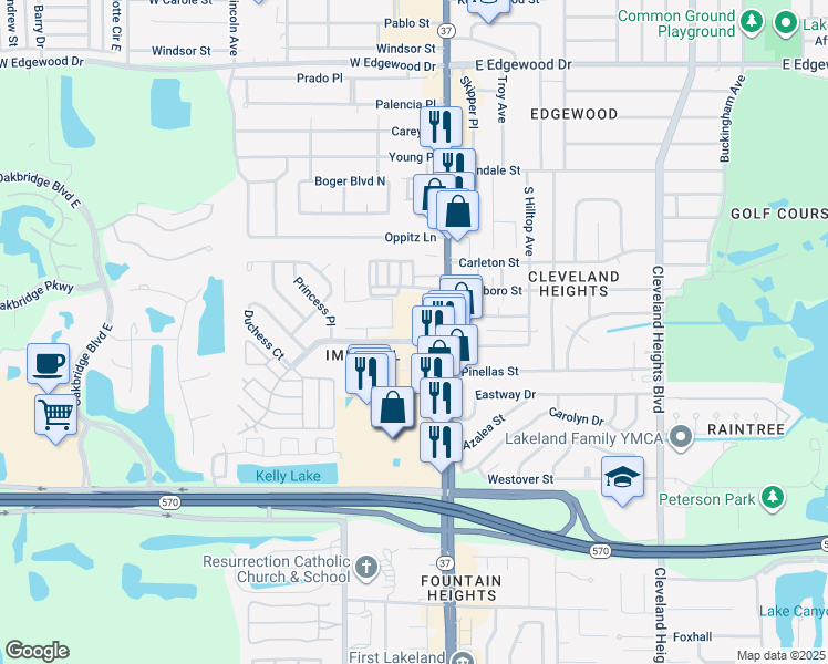map of restaurants, bars, coffee shops, grocery stores, and more near 225 Imperial Boulevard in Lakeland