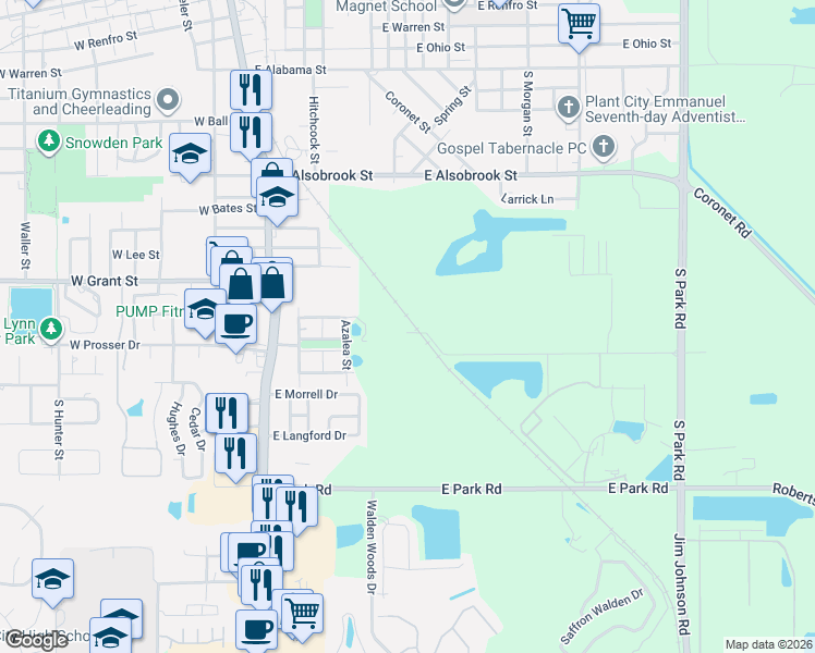 map of restaurants, bars, coffee shops, grocery stores, and more near 1006 Gray Street in Plant City