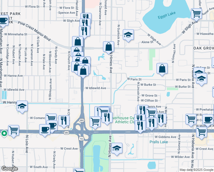 map of restaurants, bars, coffee shops, grocery stores, and more near 3607 West Idlewild Avenue in Tampa