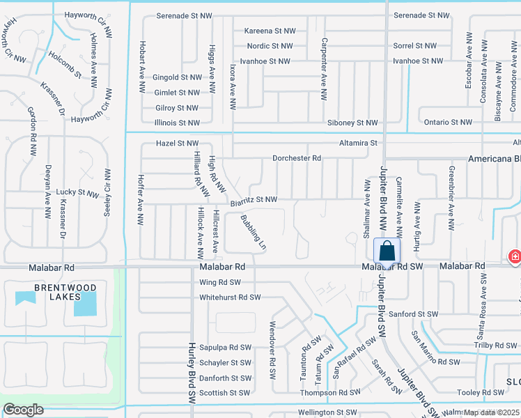 map of restaurants, bars, coffee shops, grocery stores, and more near 1132-1198 Biarritz Street Northwest in Palm Bay