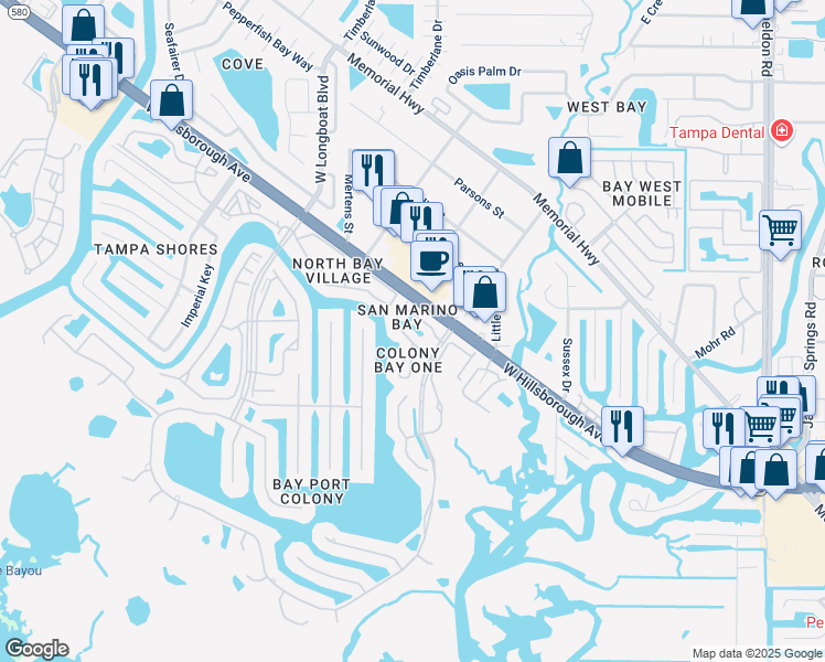 map of restaurants, bars, coffee shops, grocery stores, and more near 10424 Saint Tropez Place in Tampa