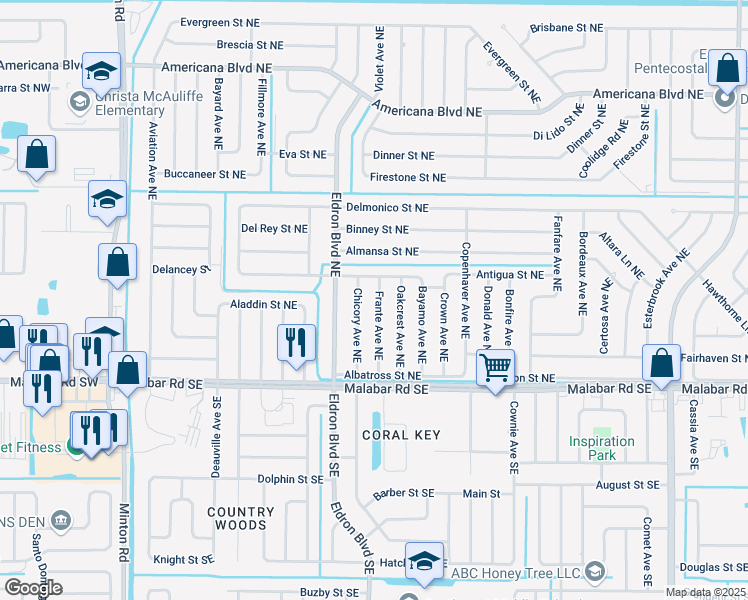 map of restaurants, bars, coffee shops, grocery stores, and more near 176 Frante Avenue Northeast in Palm Bay