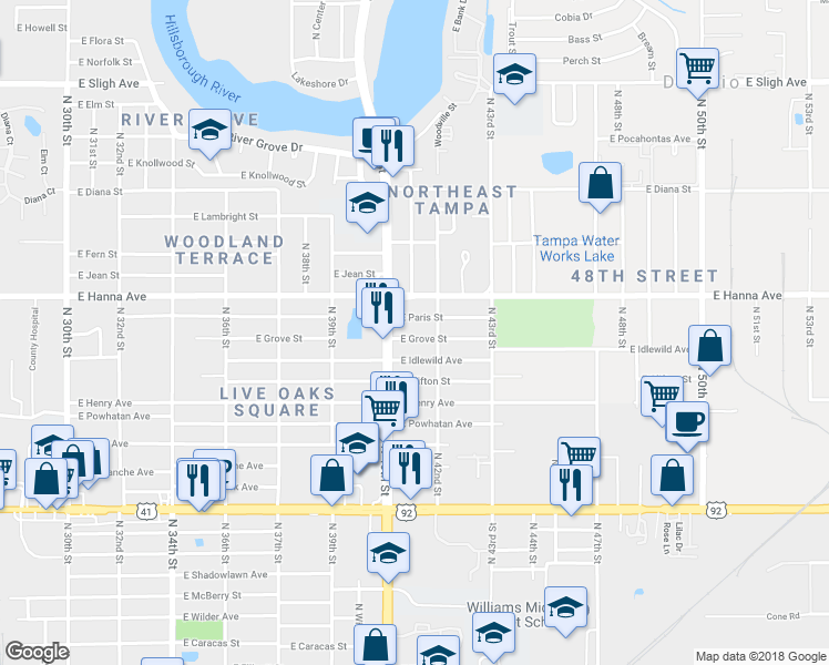 map of restaurants, bars, coffee shops, grocery stores, and more near 4014 E Grove St in Tampa