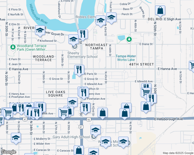 map of restaurants, bars, coffee shops, grocery stores, and more near 4206 East Grove Street in Tampa