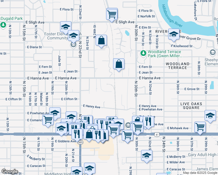 map of restaurants, bars, coffee shops, grocery stores, and more near 2515 East Hanna Avenue in Tampa