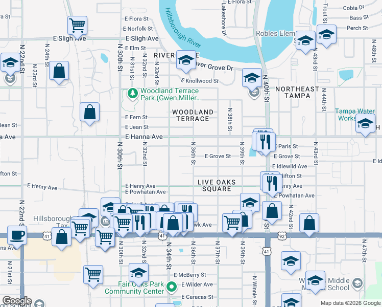 map of restaurants, bars, coffee shops, grocery stores, and more near 3416 East Grove Street in Tampa