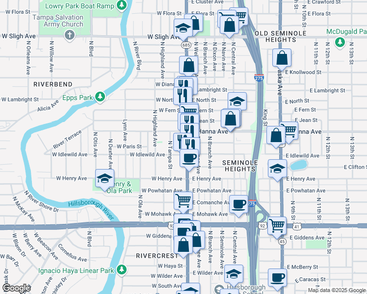 map of restaurants, bars, coffee shops, grocery stores, and more near 6008 North Florida Avenue in Tampa