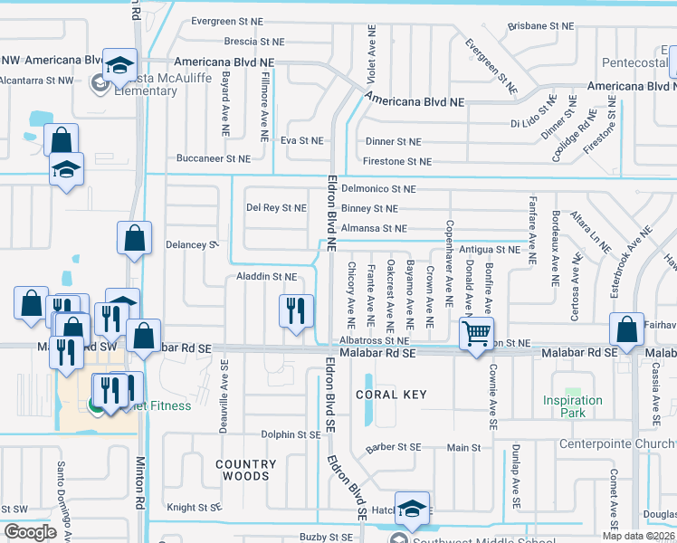 map of restaurants, bars, coffee shops, grocery stores, and more near 223 Eldron Boulevard Northeast in Palm Bay