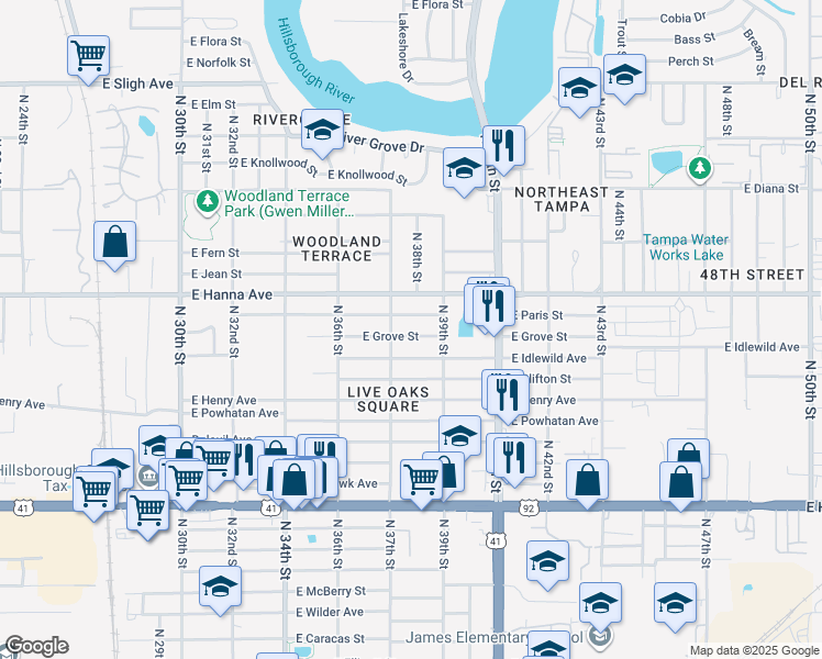 map of restaurants, bars, coffee shops, grocery stores, and more near 3710 E Grove St in Tampa