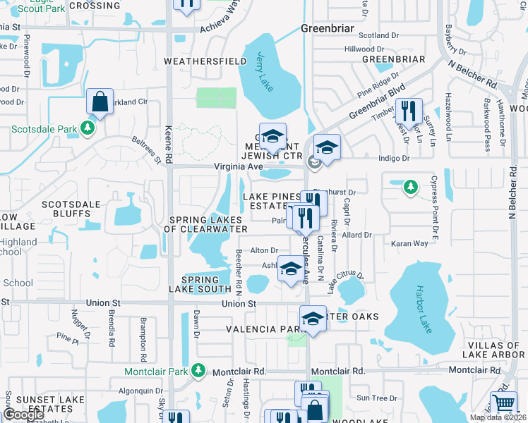 map of restaurants, bars, coffee shops, grocery stores, and more near 2201 Palmetto Drive in Clearwater