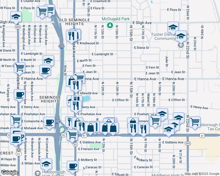 map of restaurants, bars, coffee shops, grocery stores, and more near 1211 E Paris St in Tampa