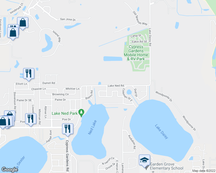 map of restaurants, bars, coffee shops, grocery stores, and more near 700 Lake Daisy Road in Cypress Gardens