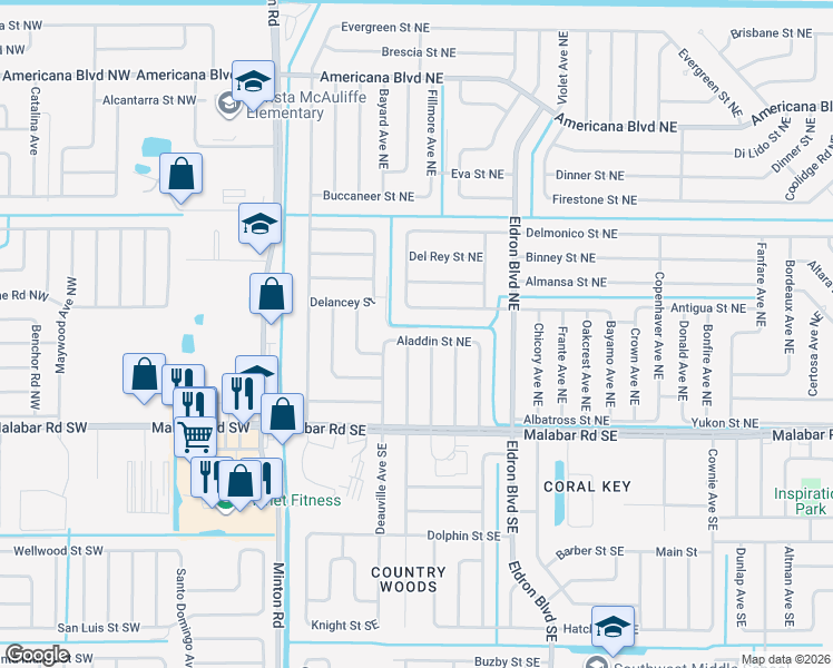 map of restaurants, bars, coffee shops, grocery stores, and more near 213 Aladdin Street Northeast in Palm Bay
