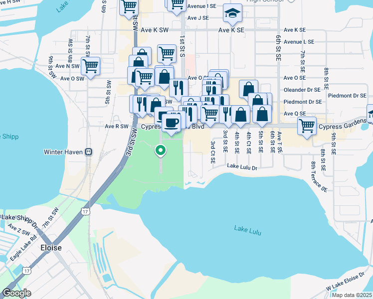 map of restaurants, bars, coffee shops, grocery stores, and more near 200 Cypress Gardens Boulevard in Winter Haven