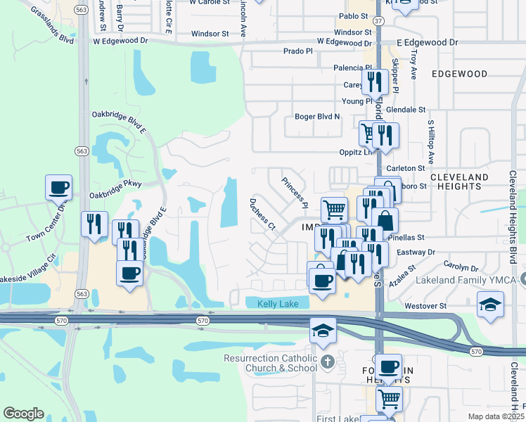 map of restaurants, bars, coffee shops, grocery stores, and more near 724 Barber Circle in Lakeland