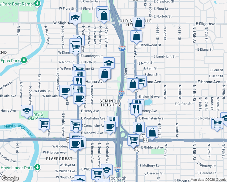 map of restaurants, bars, coffee shops, grocery stores, and more near 6007 North Central Avenue in Tampa