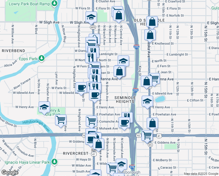 map of restaurants, bars, coffee shops, grocery stores, and more near 310 East Idlewild Avenue in Tampa