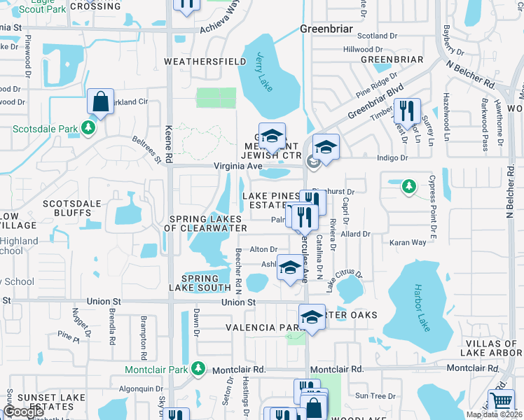 map of restaurants, bars, coffee shops, grocery stores, and more near 2201 Palmetto Drive in Clearwater