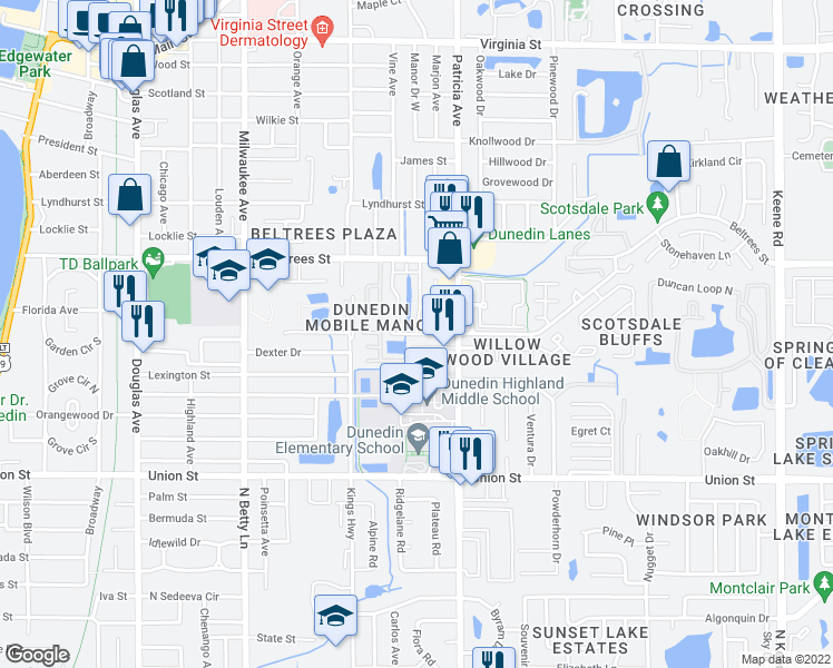 map of restaurants, bars, coffee shops, grocery stores, and more near Skyloch Drive South in Dunedin