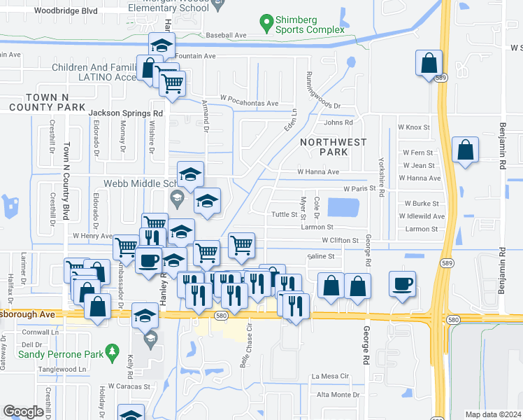 map of restaurants, bars, coffee shops, grocery stores, and more near 6001 Crestridge Road in Tampa