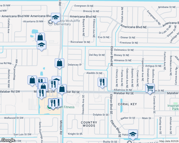 map of restaurants, bars, coffee shops, grocery stores, and more near 213 Aladdin Street Northeast in Palm Bay