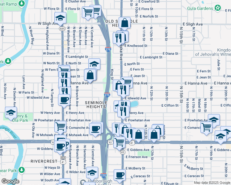 map of restaurants, bars, coffee shops, grocery stores, and more near 815 East Paris Street in Tampa