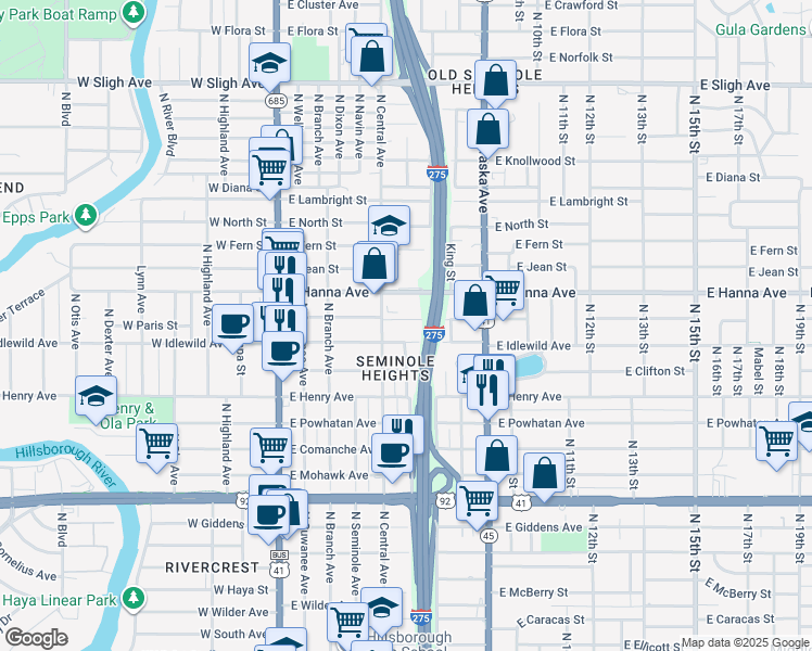 map of restaurants, bars, coffee shops, grocery stores, and more near 6007 North Central Avenue in Tampa