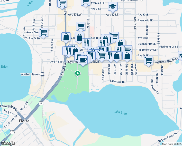 map of restaurants, bars, coffee shops, grocery stores, and more near 2025 San Marcos Drive Southeast in Winter Haven
