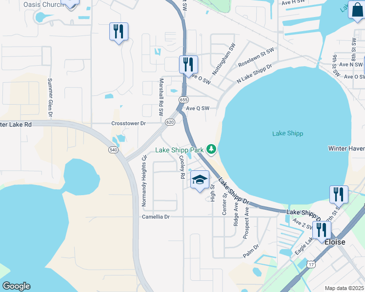 map of restaurants, bars, coffee shops, grocery stores, and more near 102 Landings Way in Winter Haven