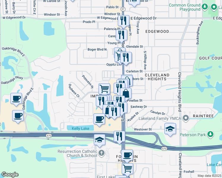map of restaurants, bars, coffee shops, grocery stores, and more near 225 Imperial Boulevard in Lakeland