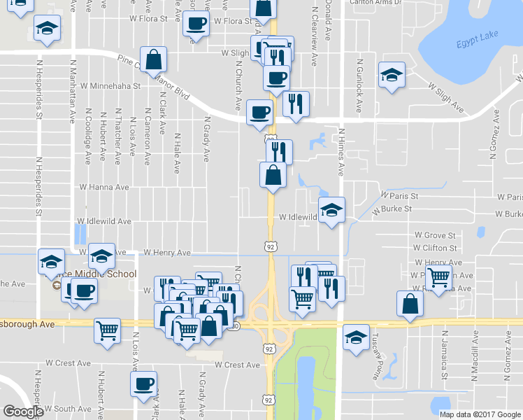 map of restaurants, bars, coffee shops, grocery stores, and more near 6008 North Dale Mabry Highway in Tampa