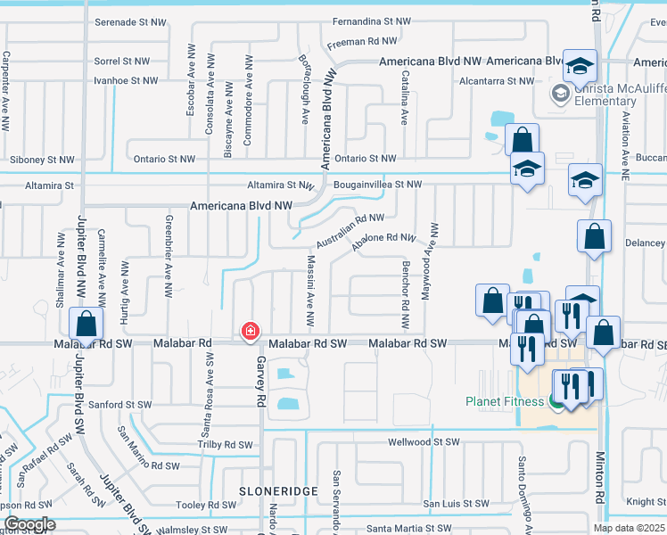 map of restaurants, bars, coffee shops, grocery stores, and more near 161 Abalone Road Northwest in Palm Bay