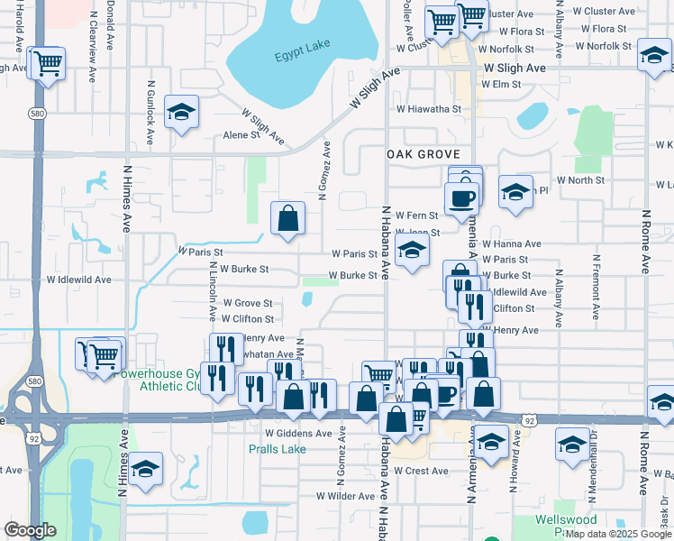 map of restaurants, bars, coffee shops, grocery stores, and more near 2921 West Burke Street in Tampa