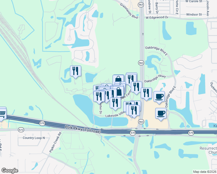 map of restaurants, bars, coffee shops, grocery stores, and more near Lakeside Village Circle in Lakeland