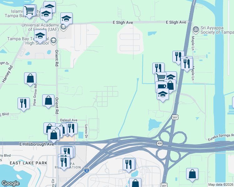 map of restaurants, bars, coffee shops, grocery stores, and more near 8212 Down Royal Road in Tampa