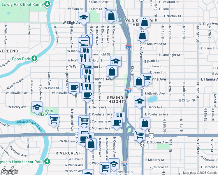 map of restaurants, bars, coffee shops, grocery stores, and more near 310 East Idlewild Avenue in Tampa