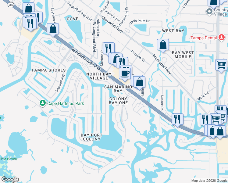 map of restaurants, bars, coffee shops, grocery stores, and more near 10424 Saint Tropez Place in Tampa