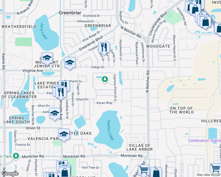 map of restaurants, bars, coffee shops, grocery stores, and more near 2179 Little Brook Lane in Clearwater