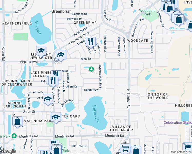 map of restaurants, bars, coffee shops, grocery stores, and more near 2179 Little Brook Lane in Clearwater