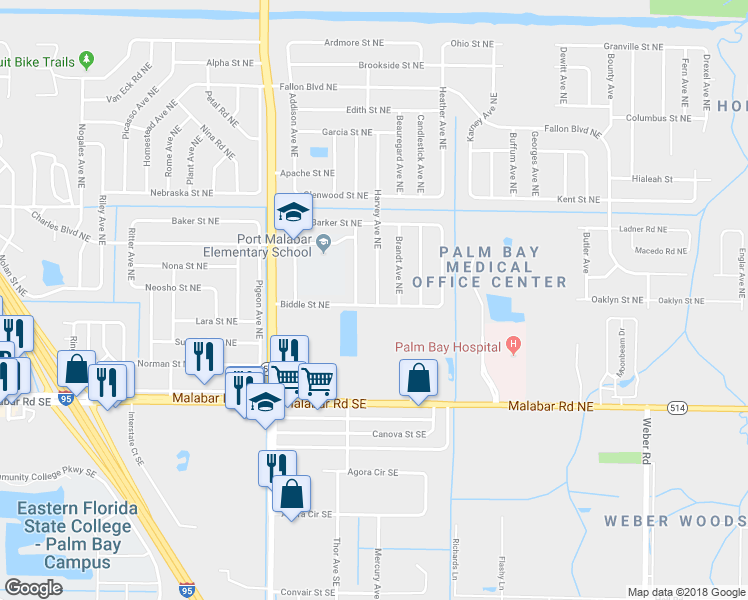 map of restaurants, bars, coffee shops, grocery stores, and more near 1855 Biddle Street Northeast in Palm Bay
