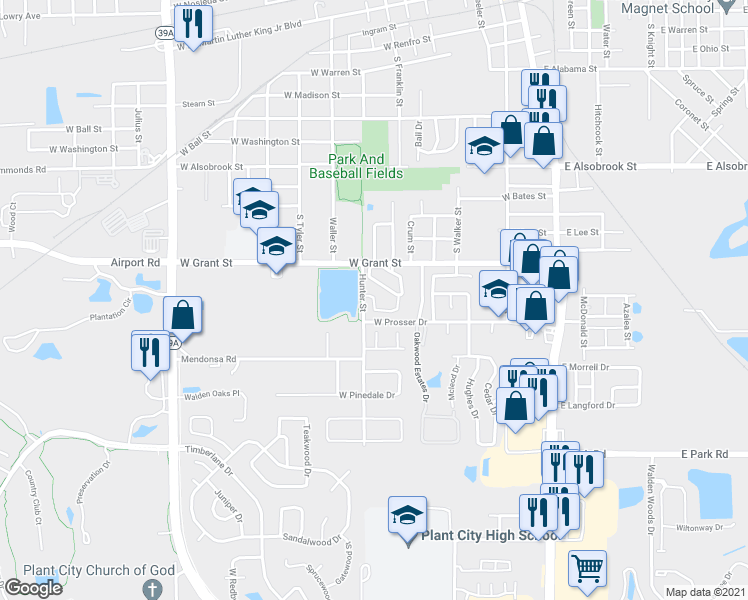 map of restaurants, bars, coffee shops, grocery stores, and more near Hunter Creek Drive in Plant City