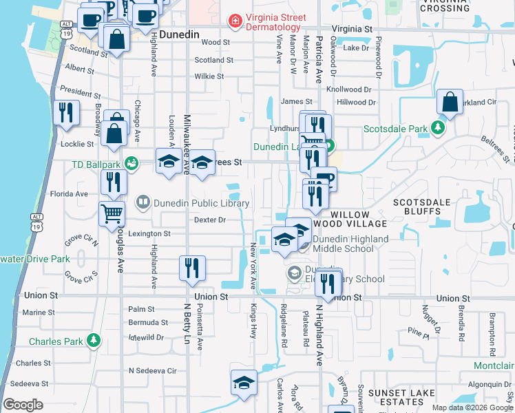 map of restaurants, bars, coffee shops, grocery stores, and more near 161 New York Avenue in Dunedin