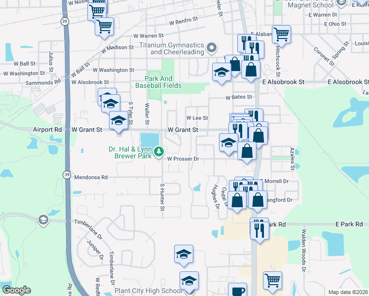 map of restaurants, bars, coffee shops, grocery stores, and more near 1400 Strawberry Place in Plant City