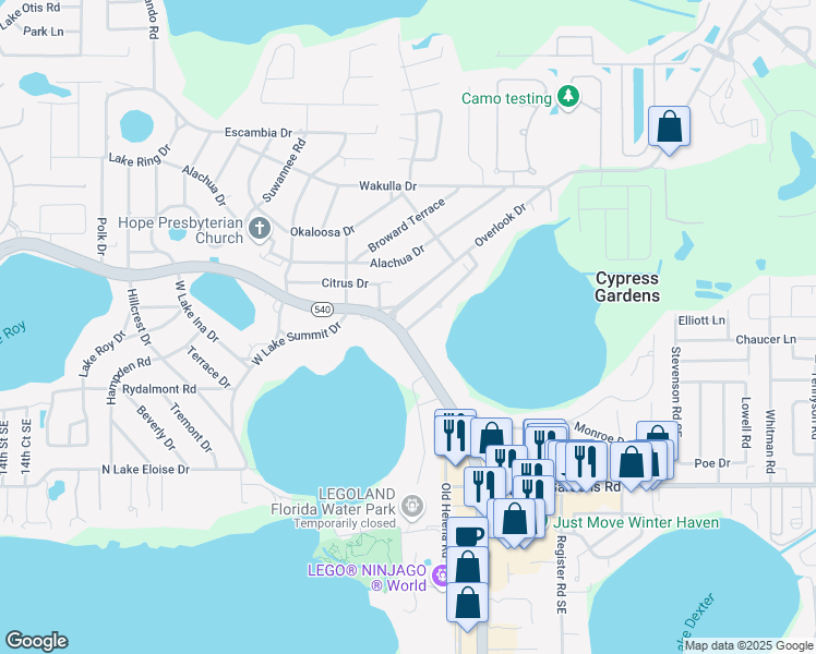 map of restaurants, bars, coffee shops, grocery stores, and more near 102 North Lake Florence Drive in Cypress Gardens