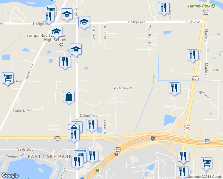 map of restaurants, bars, coffee shops, grocery stores, and more near 7819 Bally Money Road in Tampa