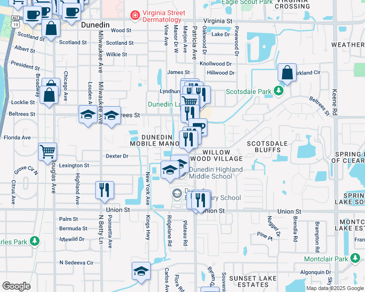 map of restaurants, bars, coffee shops, grocery stores, and more near 154 Patricia Avenue in Dunedin